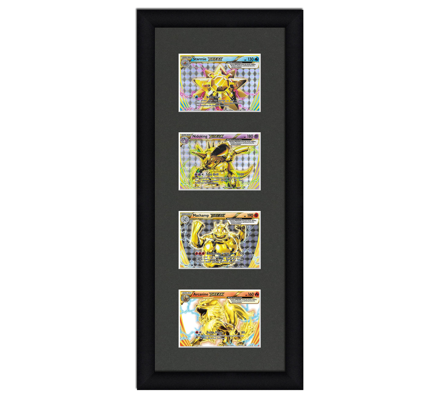 Framed Card Display for horizontal cards in sleeves in a 4 up layout with a black background and black frame