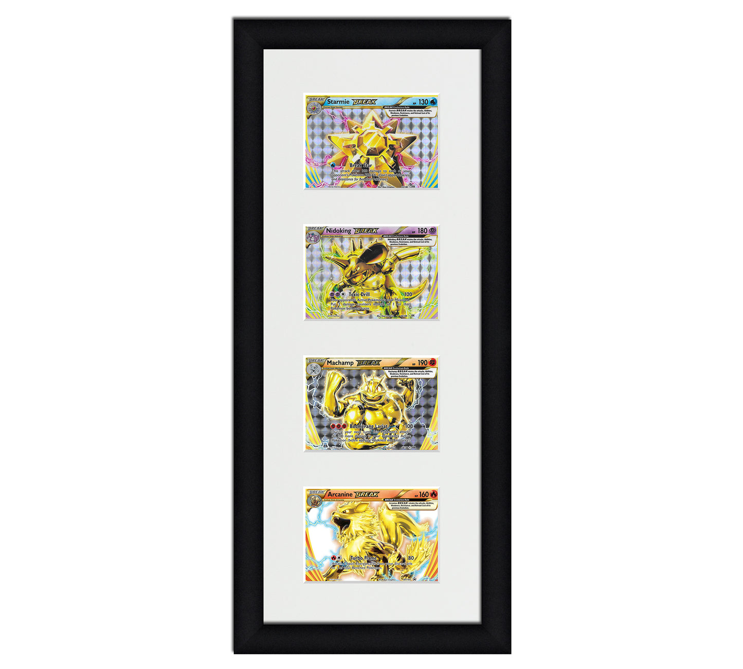 Framed Card Display for horizontal cards in sleeves in a 4 up layout with a white background and black frame