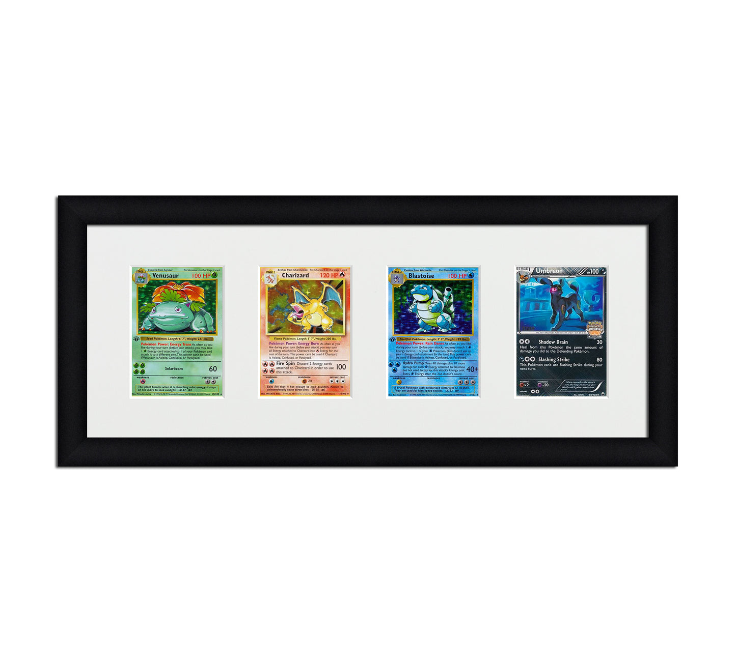 Framed Card Display for cards in sleeves in a 4 wide layout with a white background and black frame
