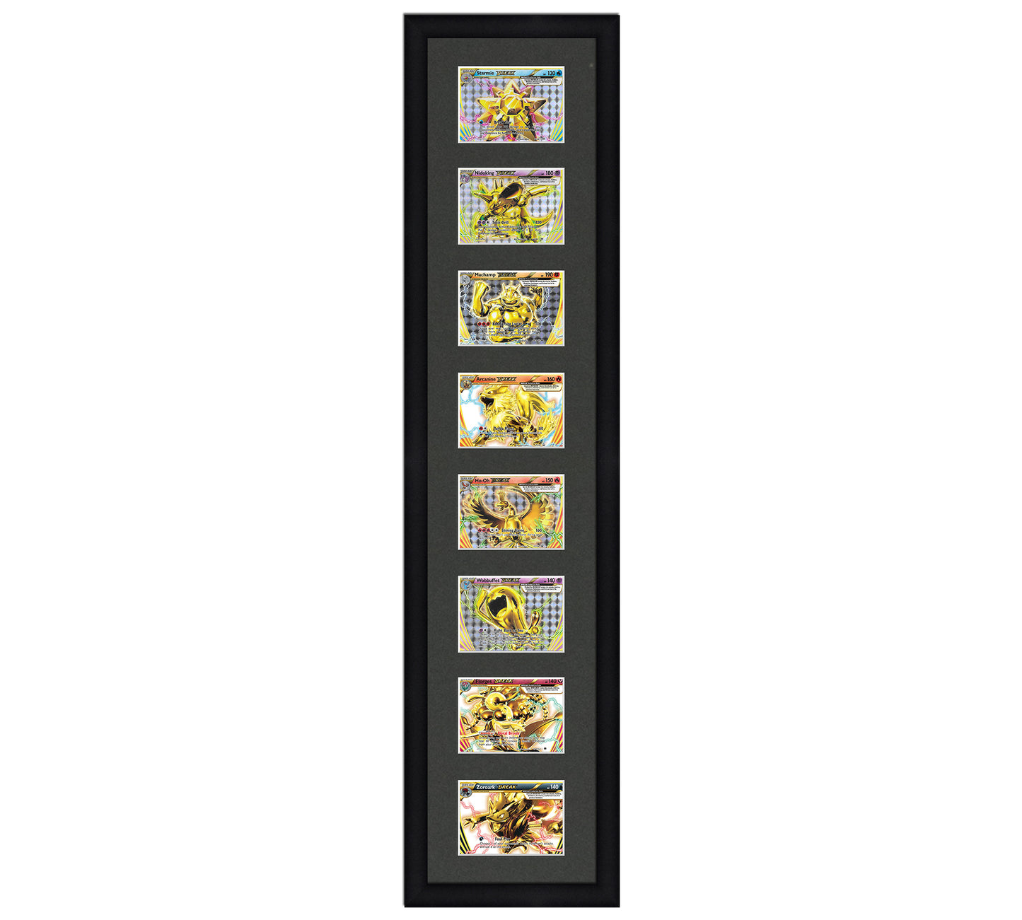 Framed Card Display for horizontal cards in sleeves in a 8 up layout with a black background and black frame