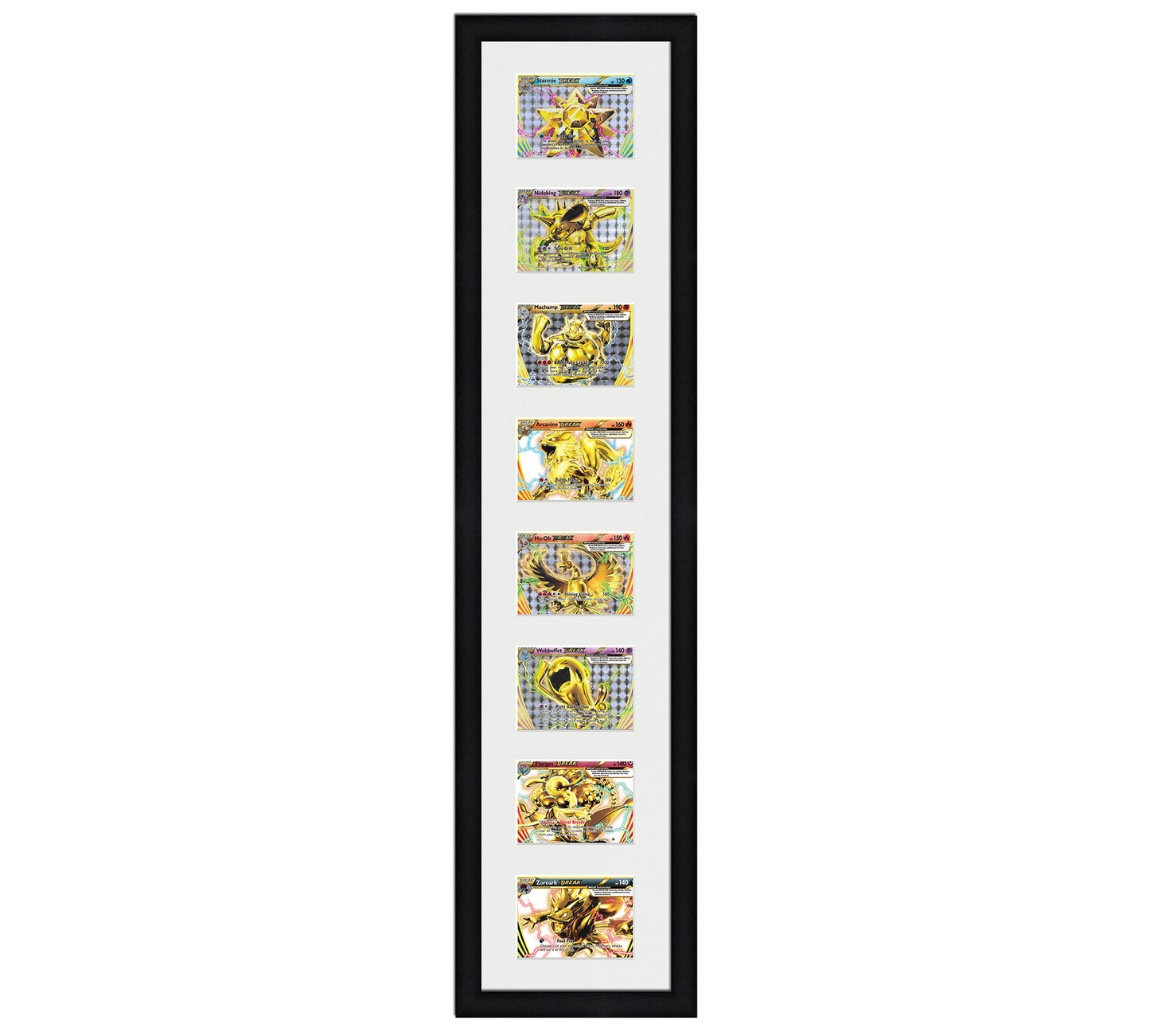 Framed Card Display for horizontal cards in sleeves in a 8 up layout with a white background and black frame
