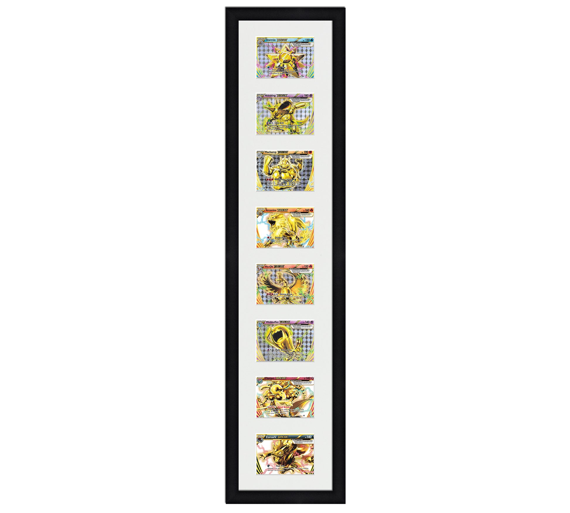 Framed Card Display for horizontal cards in sleeves in a 8 up layout with a white background and black frame