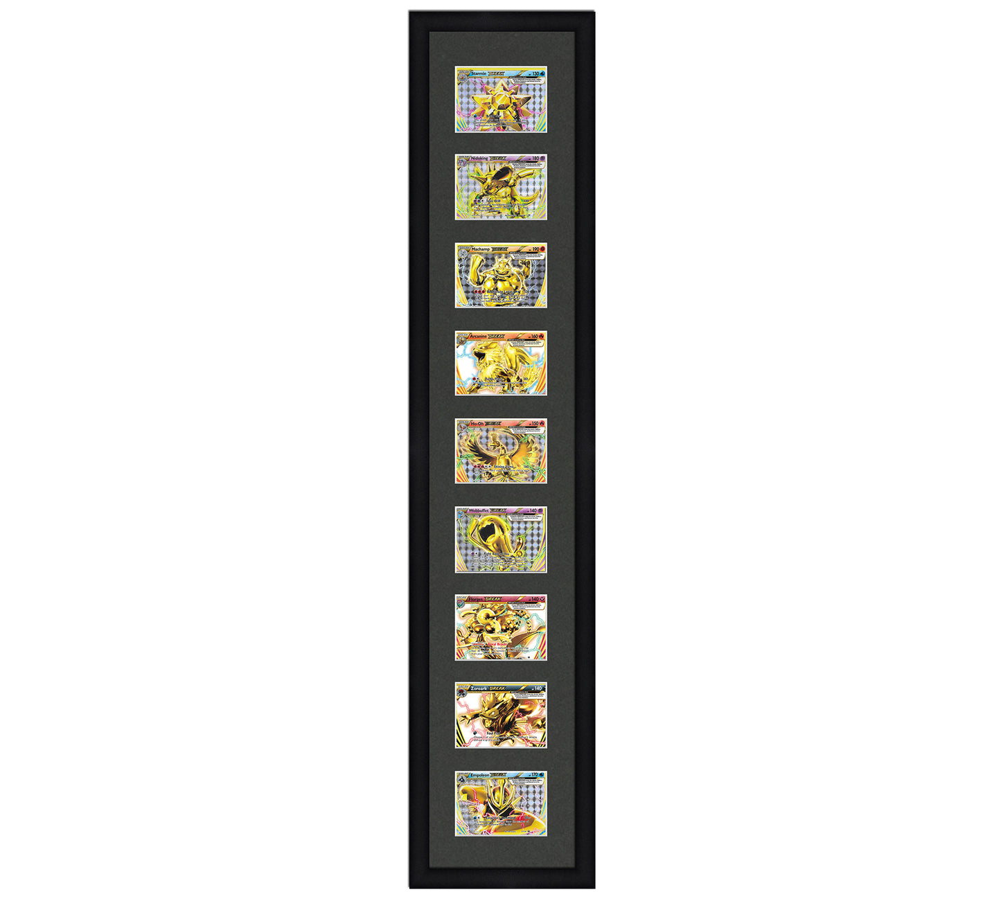 Framed Card Display for horizontal cards in sleeves in a 9 up layout with a black background and black frame