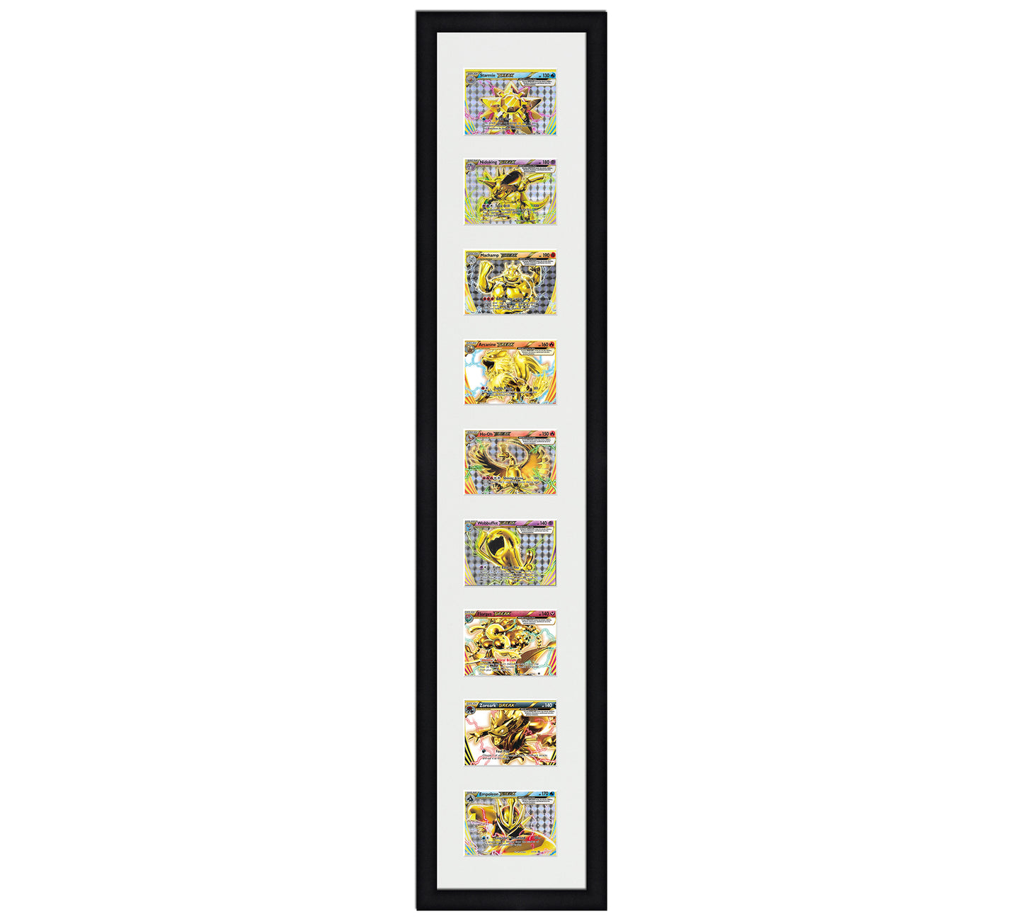 Framed Card Display for horizontal cards in sleeves in a 9 up layout with a white background and black frame