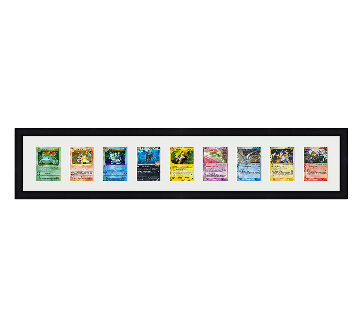 Framed Card Display for cards in sleeves in a 9 wide layout with a white background and black frame