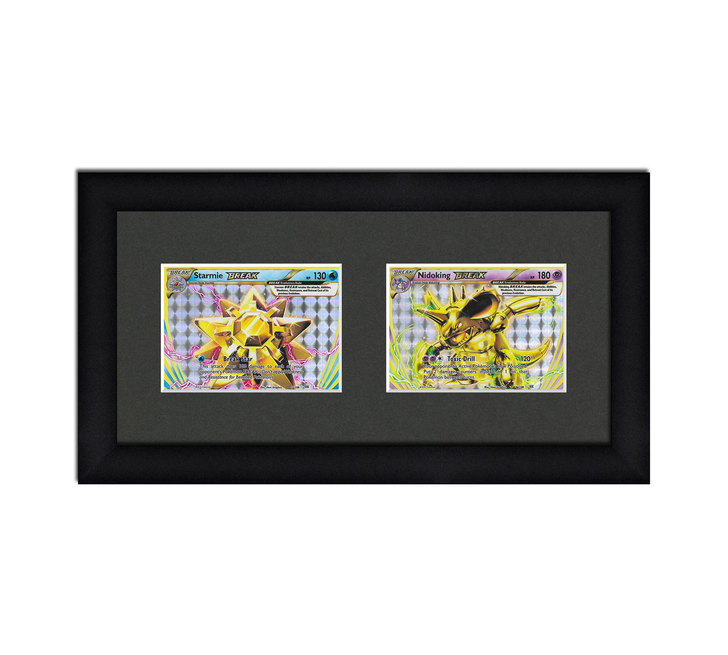 Framed Card Display for horizontal cards in sleeves in a 2 wide layout with a black background and black frame