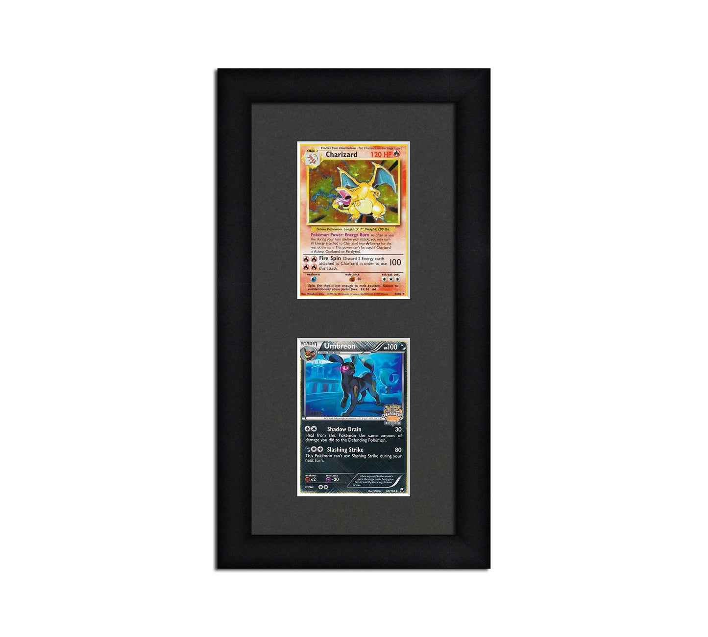 Framed Card Display for cards in sleeves in a 2 up layout with a white background and black frame