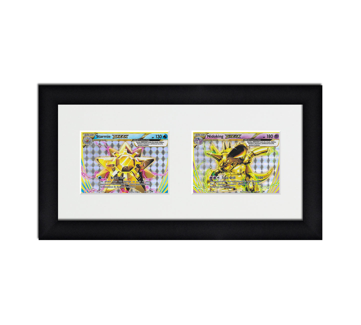 Framed Card Display for horizontal cards in sleeves in a 2 wide layout with a white background and black frame