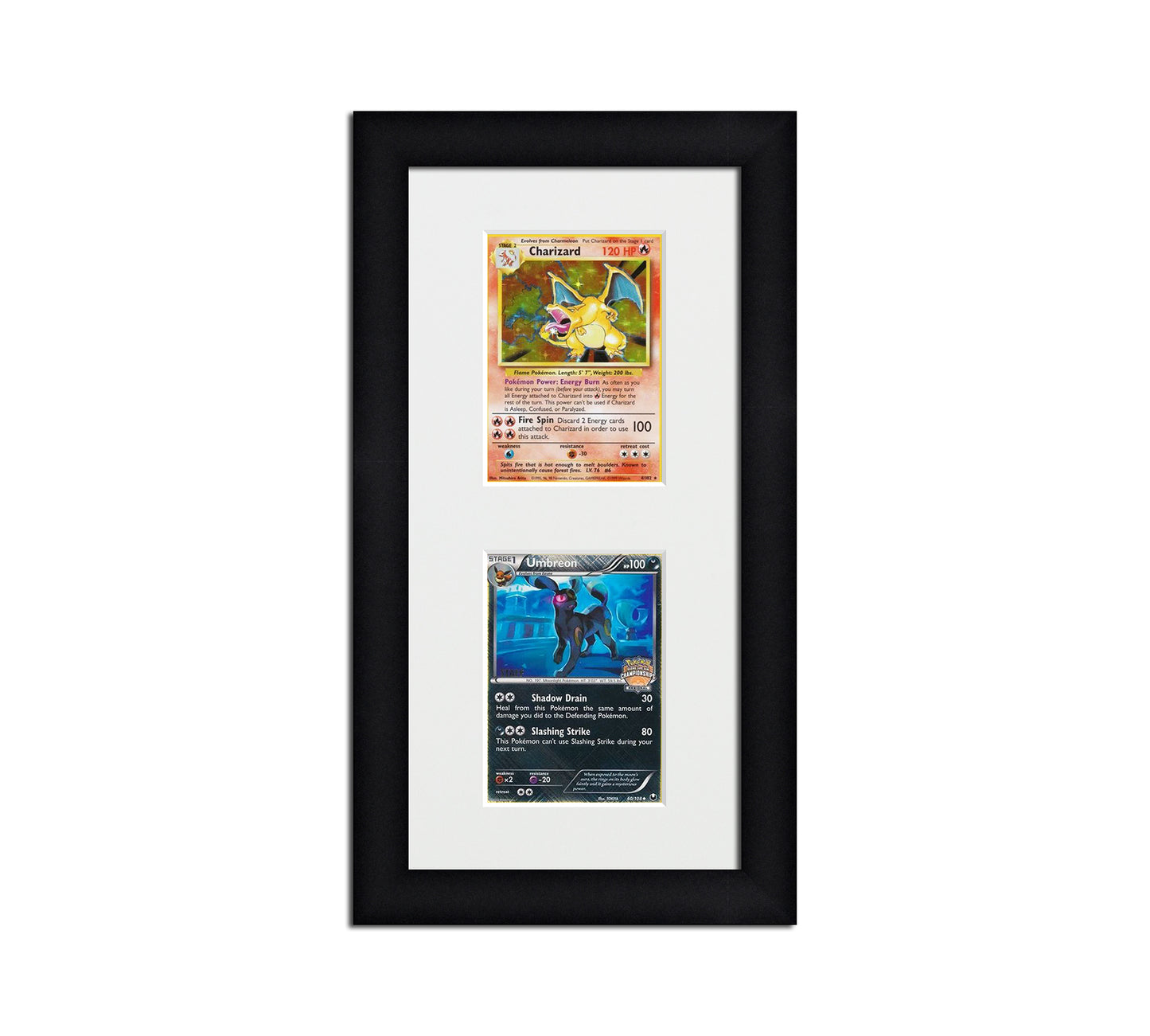 Framed Card Display for cards in sleeves in a 2 up layout with a white background and black frame
