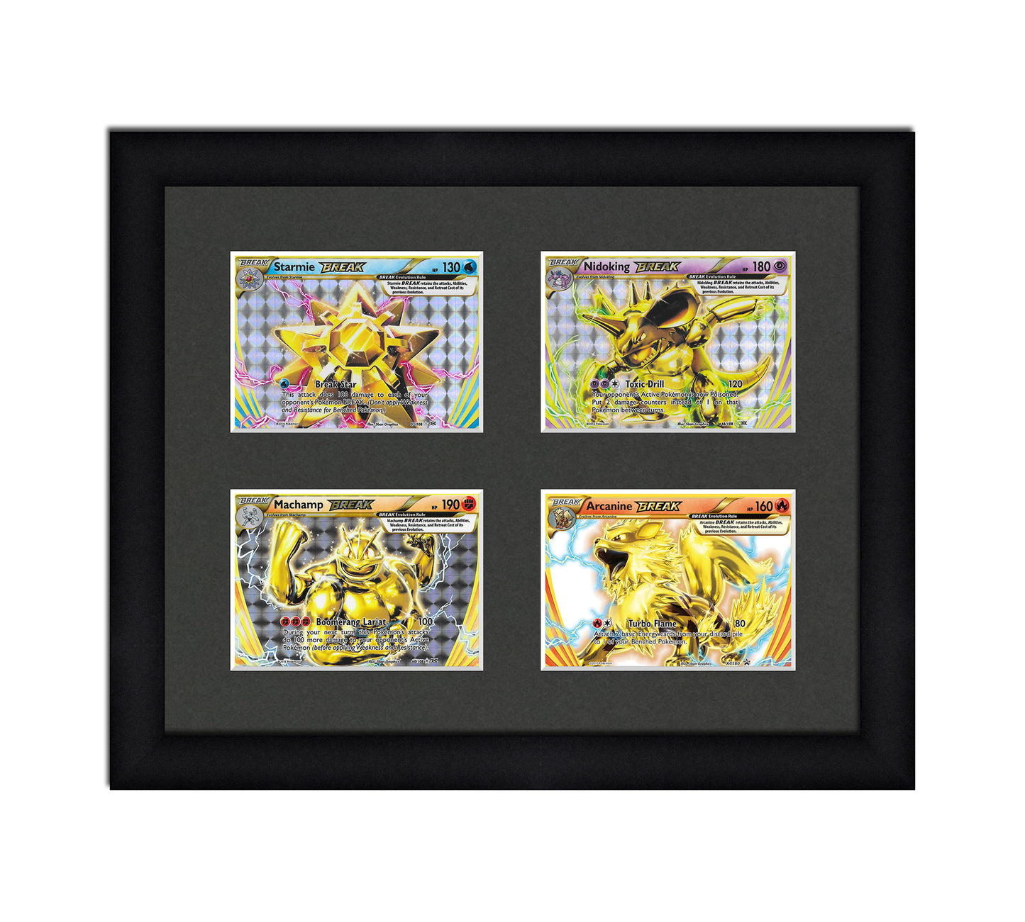 Framed Card Display for horizontal cards in sleeves in a 2x2 layout with a black background and black frame