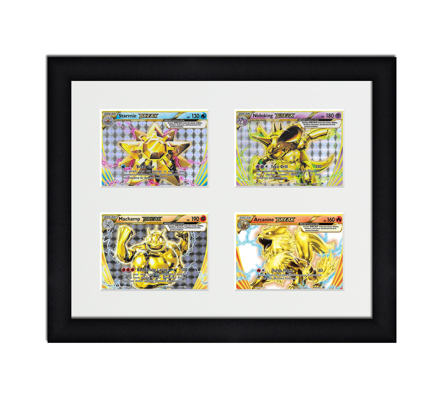 Framed Card Display for horizontal cards in sleeves in a 2x2 layout with a white background and black frame