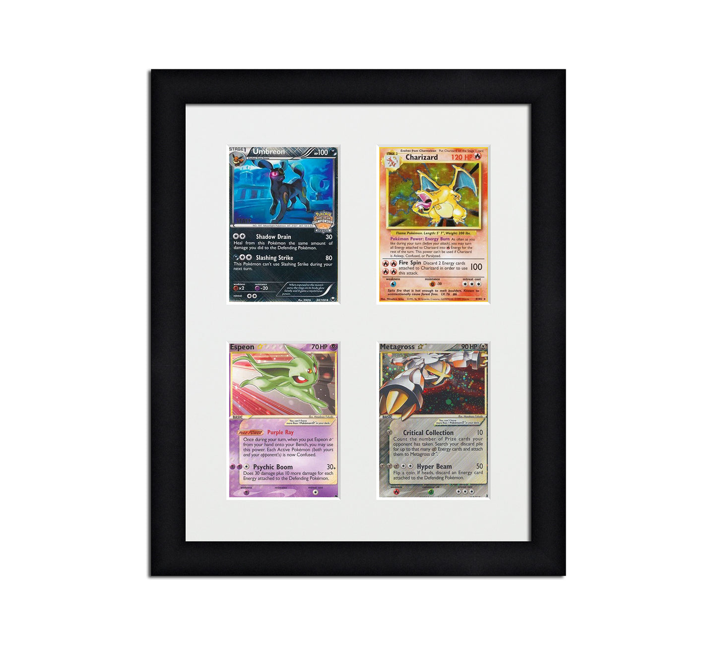 Framed Card Display for cards in sleeves in a 2x2 layout with a white background and black frame