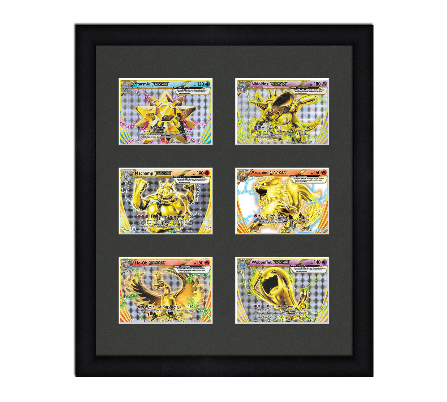 Framed Card Display for horizontal cards in sleeves in a 3x2 layout with a black background and black frame