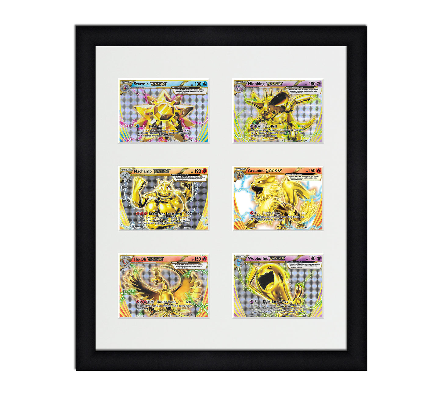 Framed Card Display for horizontal cards in sleeves in a 3x2 layout with a white background and black frame