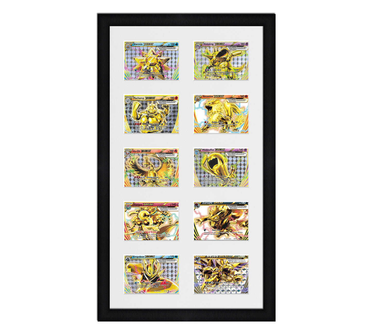 Framed Card Display for horizontal cards in sleeves in a 5x2 layout with a white background and black frame