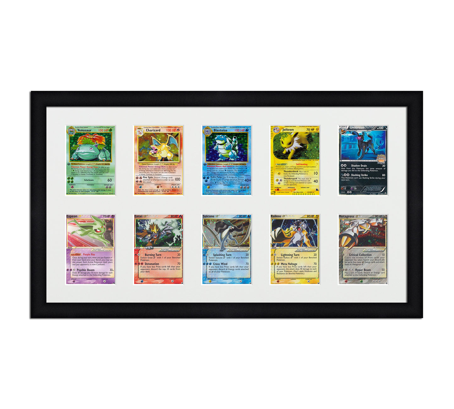 Framed Card Display for cards in sleeves in a 2x5 layout with a white background and black frame