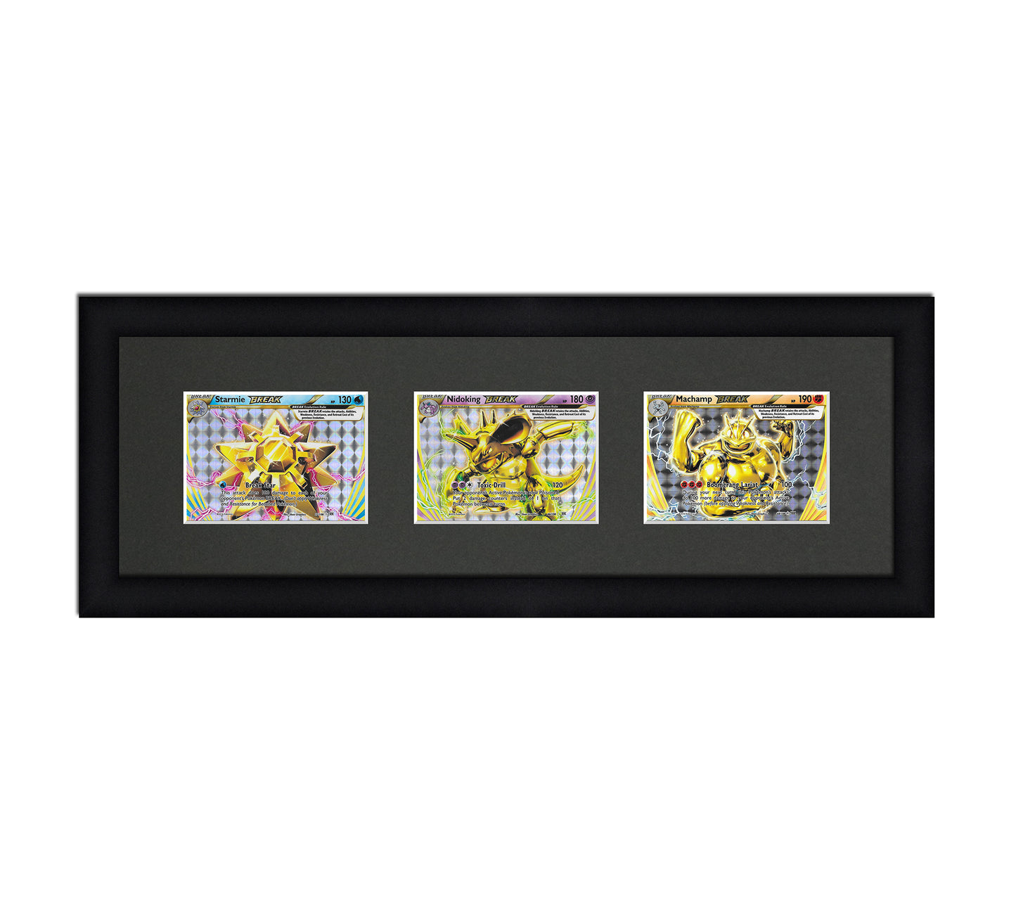 Framed Card Display for horizontal cards in sleeves in a 3 wide layout with a black background and black frame