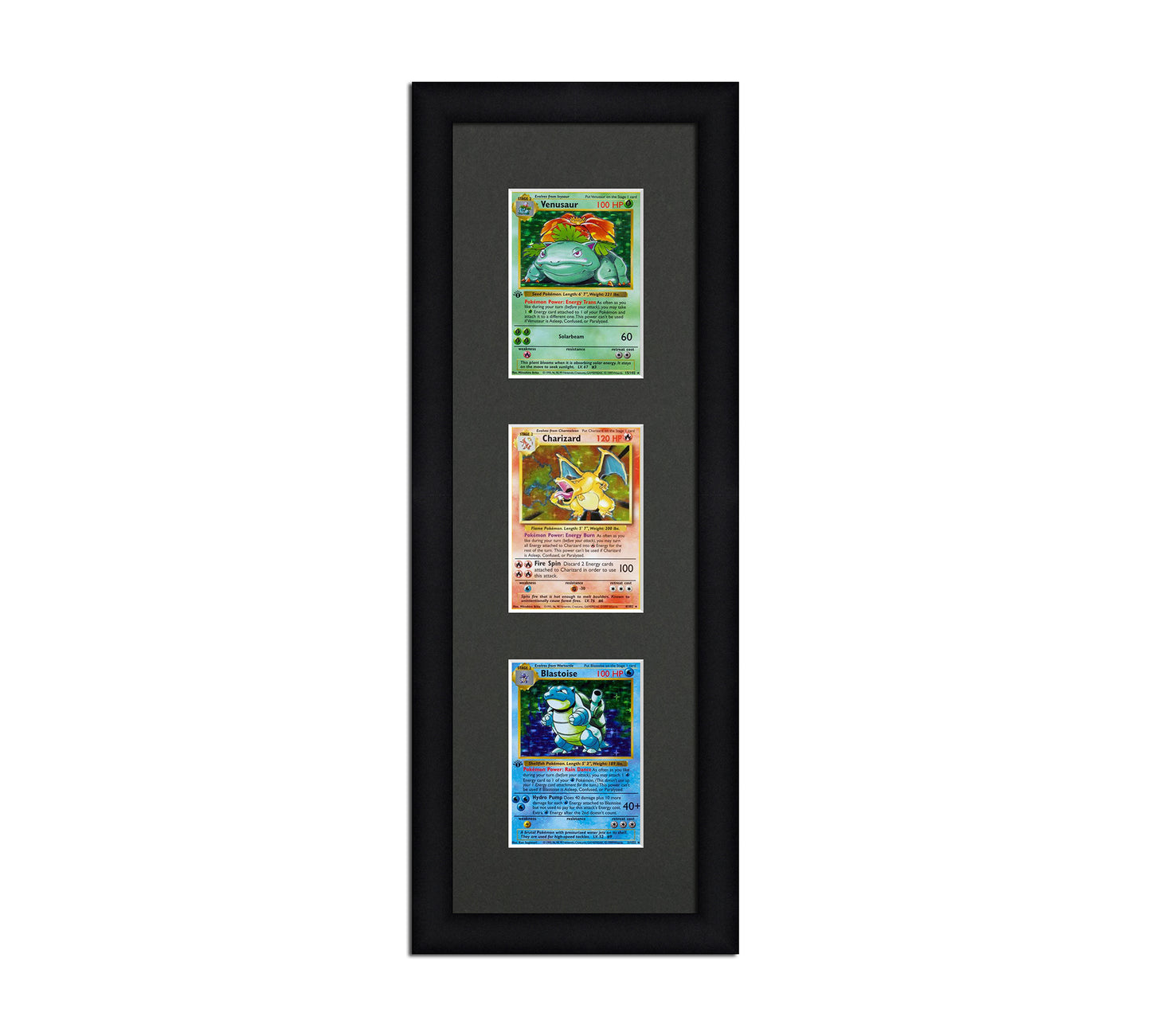 Framed Card Display for cards in sleeves in a 3 up layout with a black background and black frame