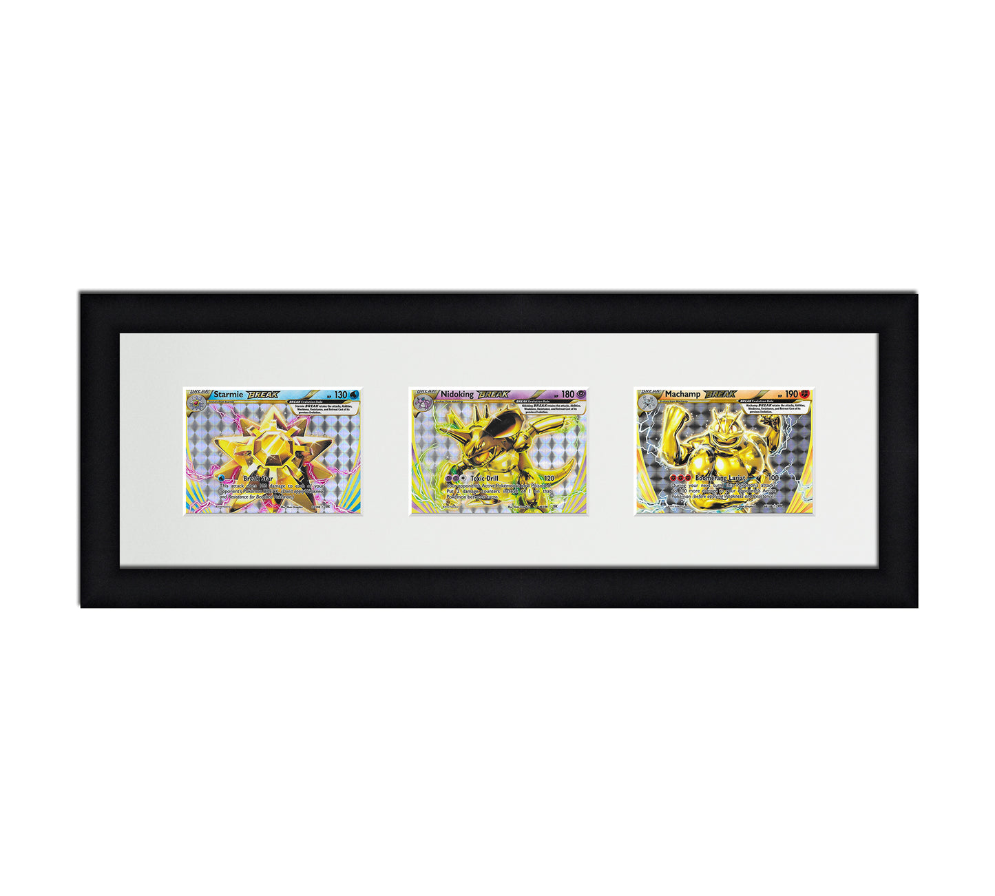 Framed Card Display for horizontal cards in sleeves in a 3 wide layout with a white background and black frame