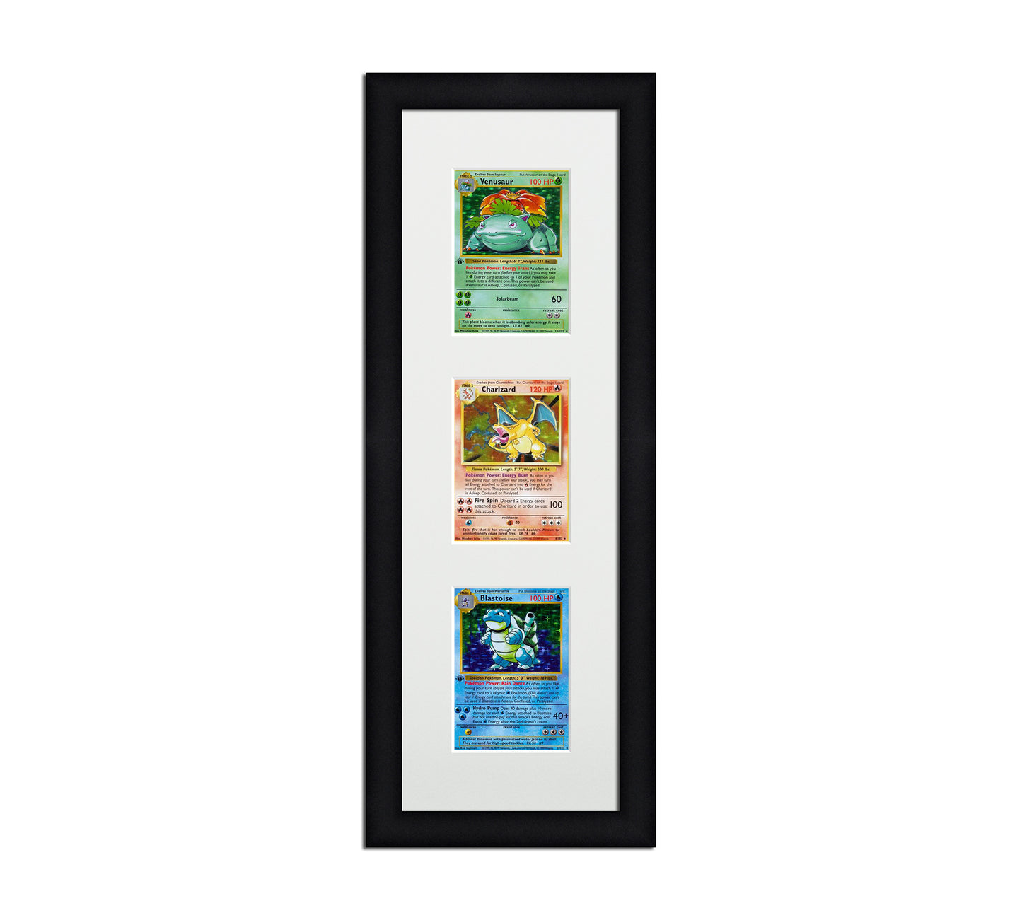 Framed Card Display for cards in sleeves in a 3 up layout with a white background and black frame