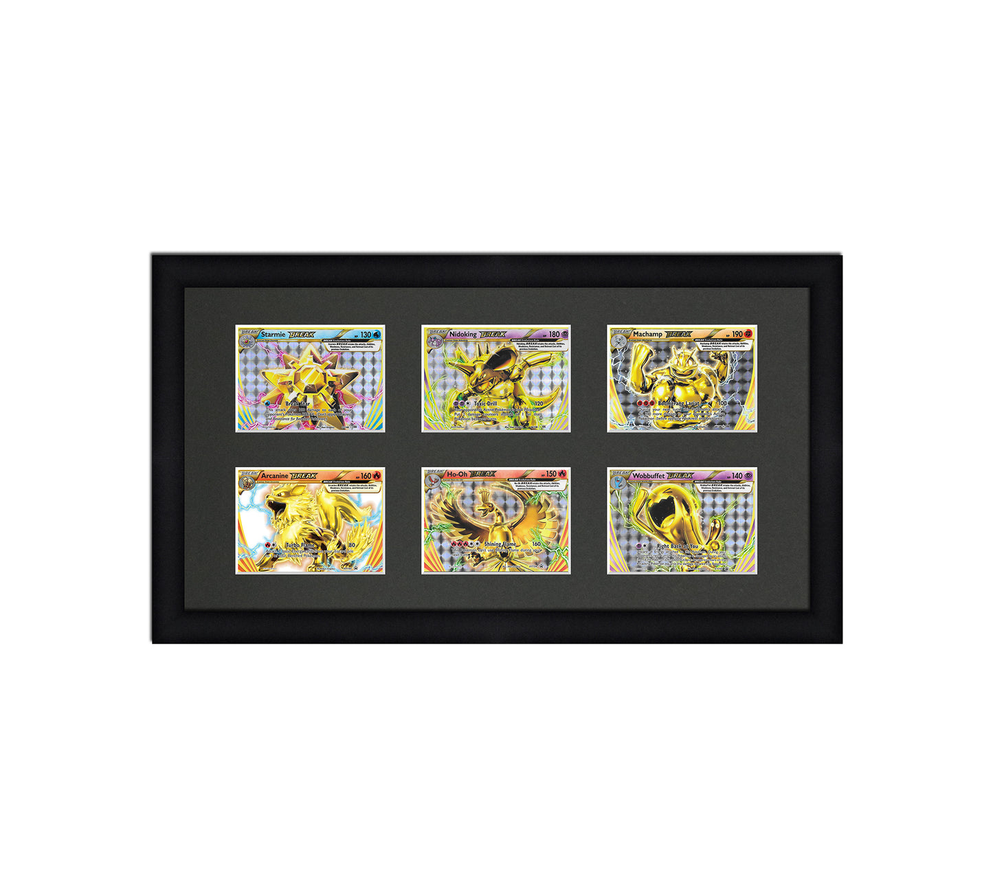 Framed Card Display for horizontal cards in sleeves in a 3x2 layout with a black background and black frame