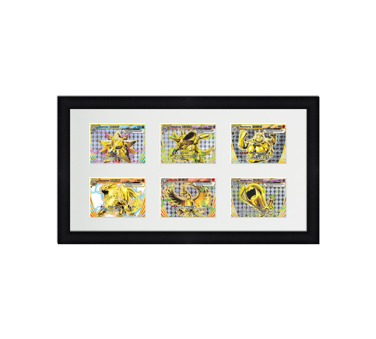 Framed Card Display for horizontal cards in sleeves in a 3x2 layout with a white background and black frame