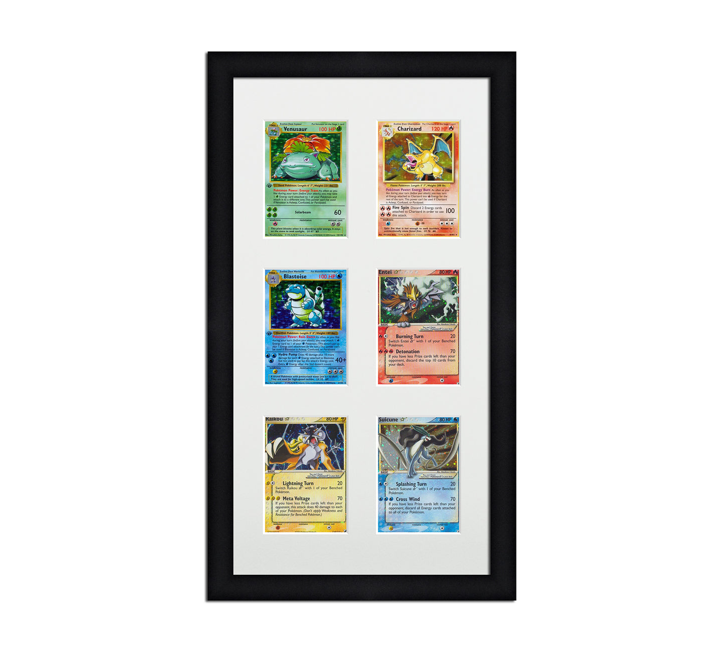 Framed Card Display for cards in sleeves in a 3x2 layout with a white background and black frame