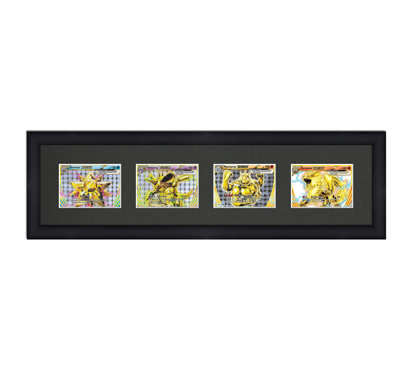 Framed Card Display for horizontal cards in sleeves in a 4 wide layout with a black background and black frame