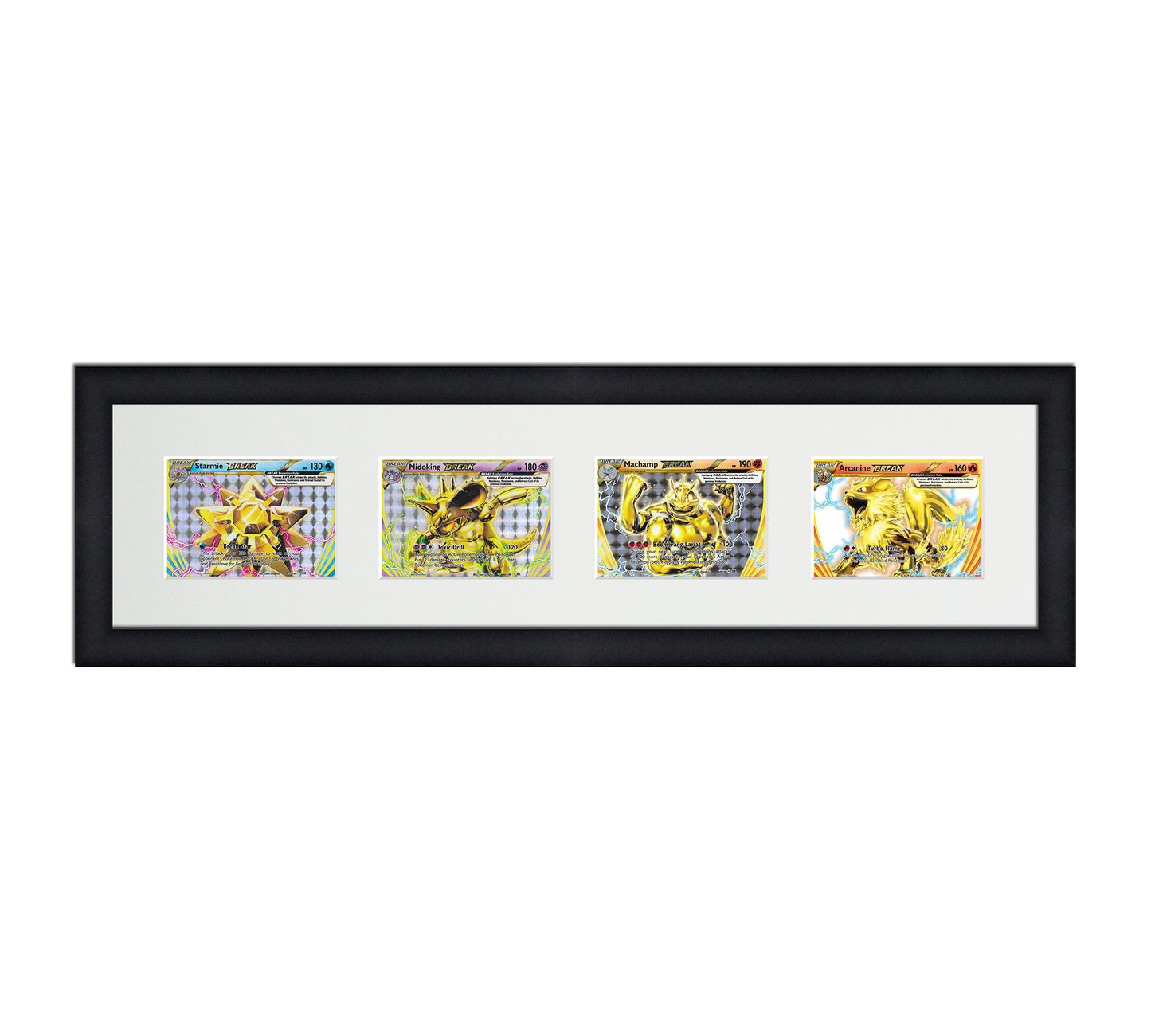 Framed Card Display for horizontal cards in sleeves in a 5 long layout with a white background and black frame