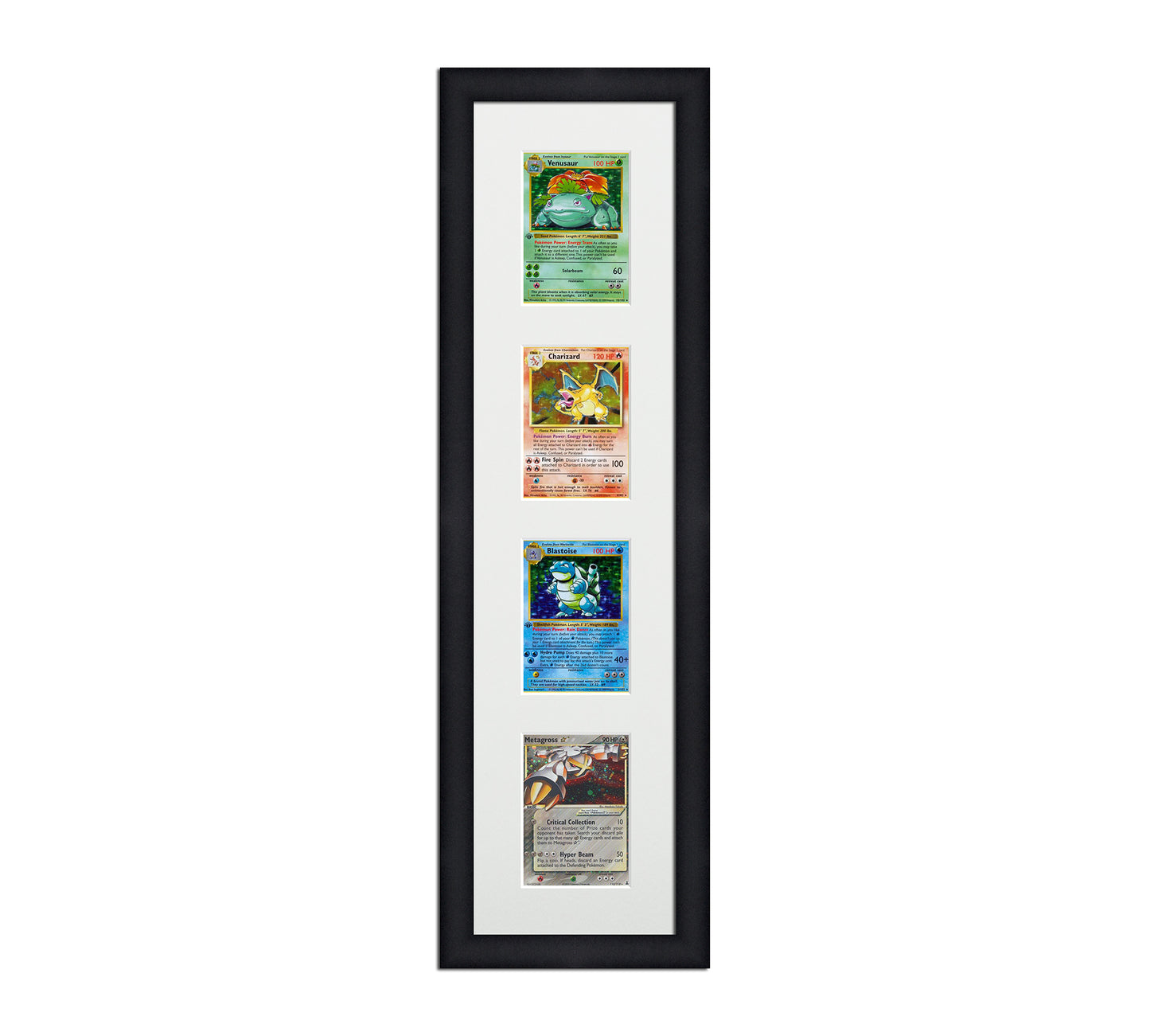 Framed Card Display for cards in sleeves in a 4 up layout with a white background and black frame