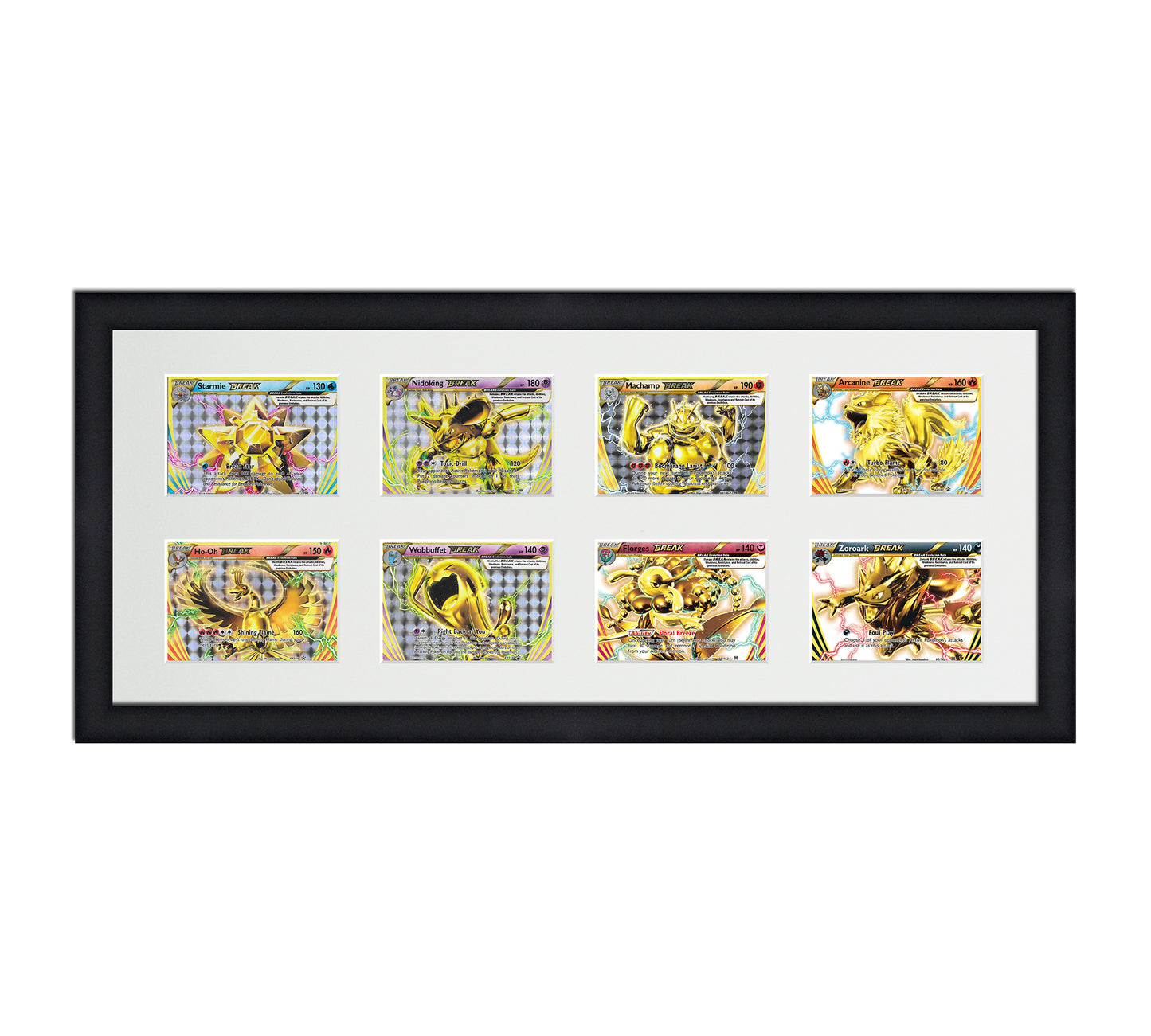 Framed Card Display for horizontal cards in sleeves with a white background and black frame