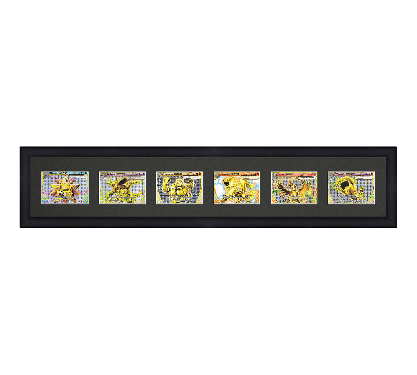 Framed Card Display for horizontal cards in sleeves in a 6 wide layout with a black background and a black frame