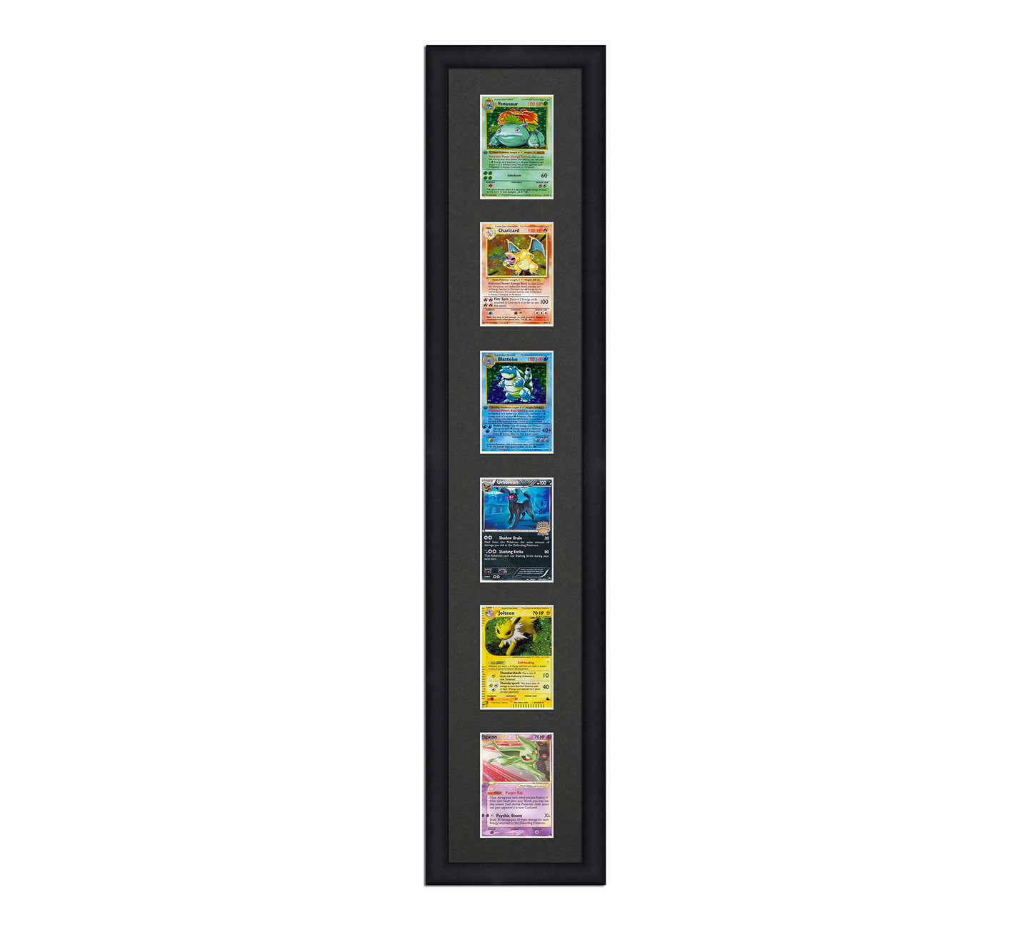 Framed Card Display for cards in sleeves in a 6 up layout with a black background and black frame