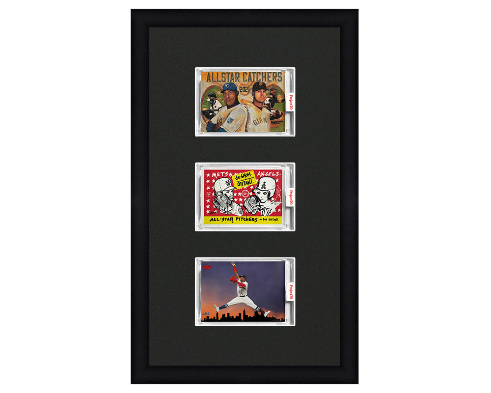 Framed Card Display for 3 horizontal Project 70, Project 2020, or Project 100 trading cards in an 3 up layout with a black background and black frame