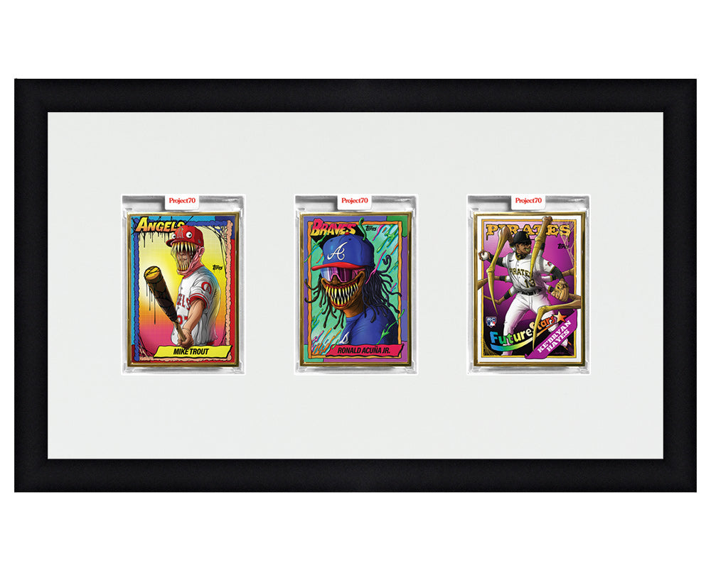 Framed Card Display for 3 Project 70, Project 2020, or Project 100 trading cards in an 3 wide layout with a white background and black frame