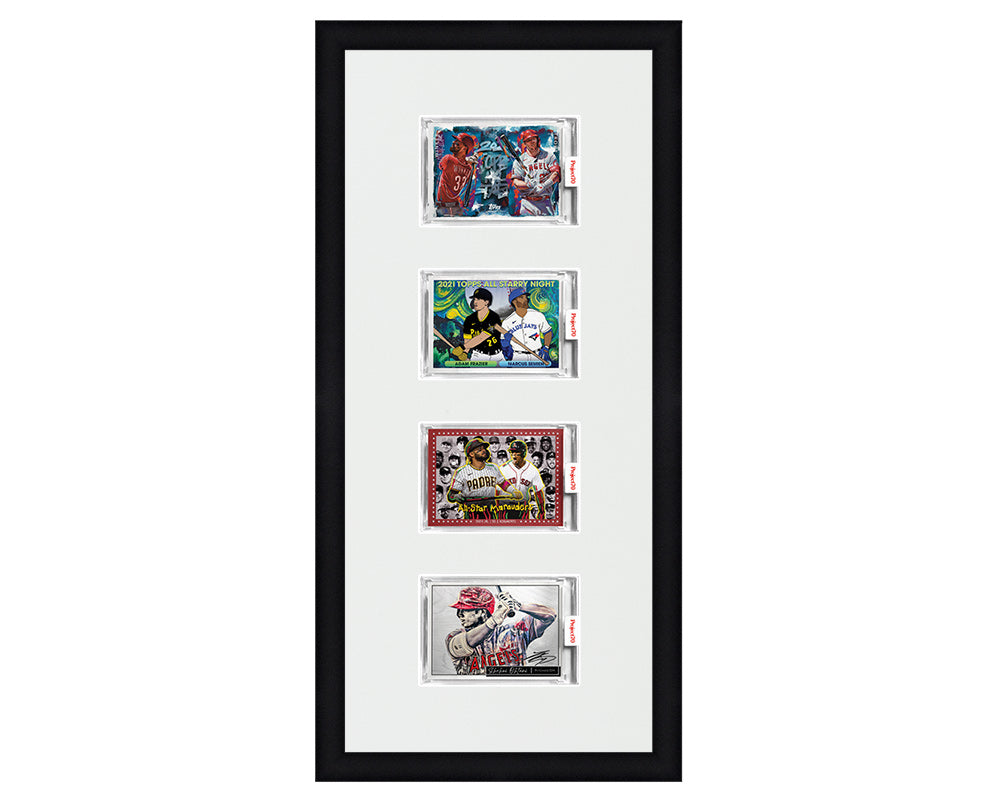 Framed Card Display for 4 horizontal Project 70, Project 2020, or Project 100 trading cards in an 4 up layout with a white background and black frame