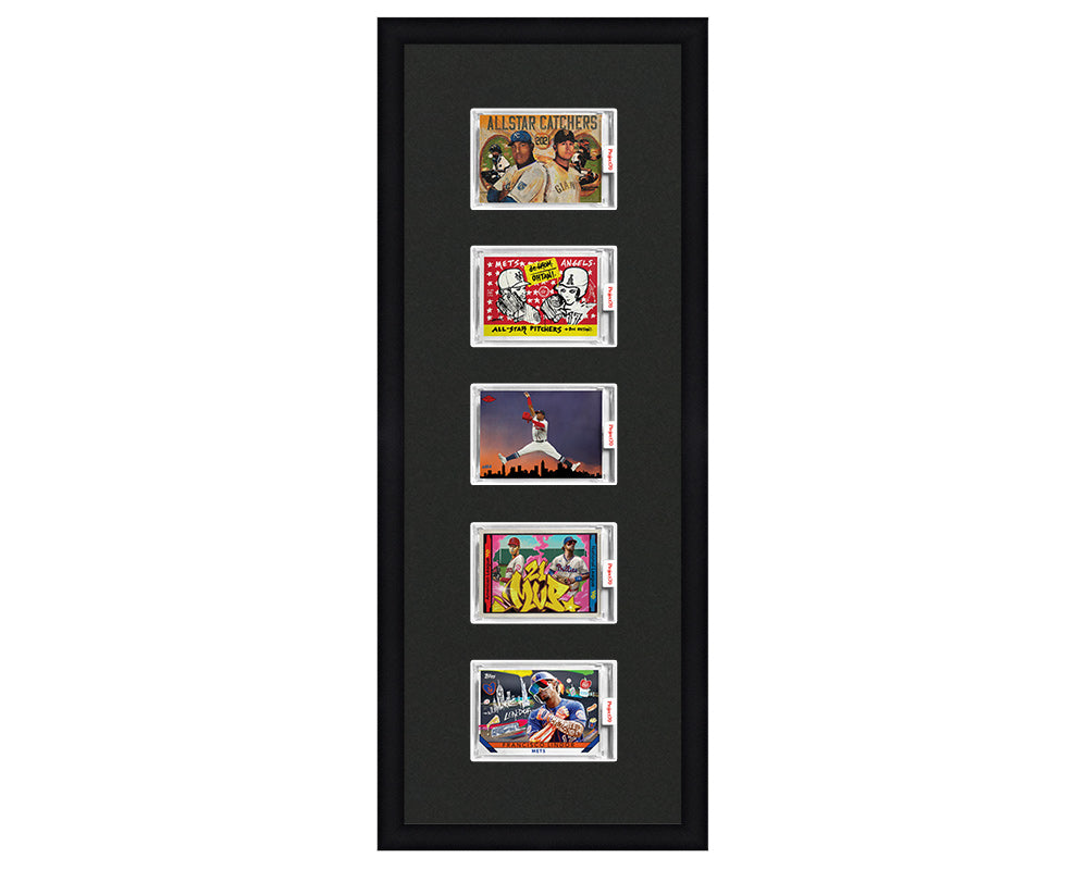 Framed Card Display for 5 horizontal Project 70, Project 2020, or Project 100 trading cards in an 5 up layout with a black background and black frame