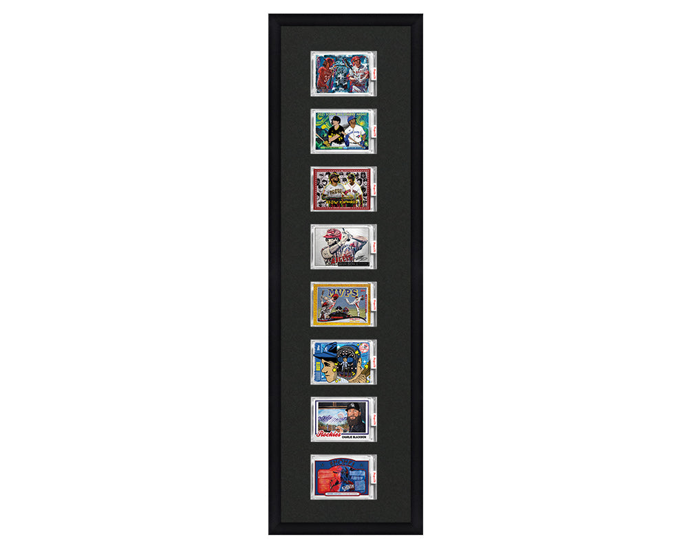 Framed Card Display for 8 horizontal Project 70, Project 2020, or Project 100 trading cards in an 8 up layout with a black background and black frame