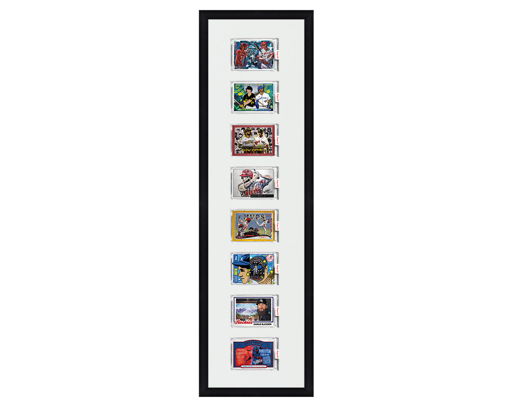 Framed Card Display for 8 horizontal Project 70, Project 2020, or Project 100 trading cards in an 8 up layout with a white background and black frame