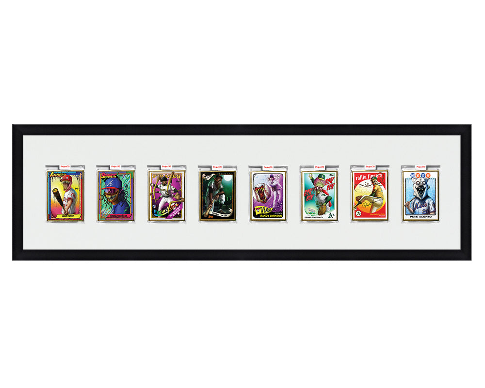 Framed Card Display for 8 Project 70, Project 2020, or Project 100 trading cards in an 8 wide layout with a white background and black frame