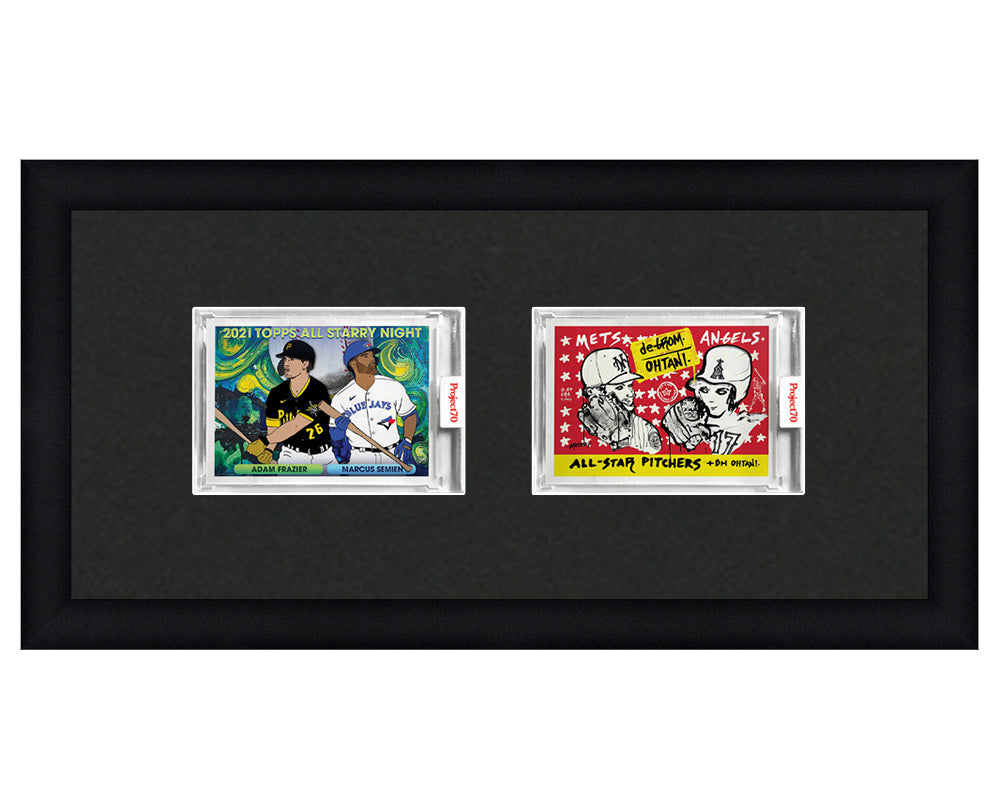 Framed Card Display for 2 horizontal Project 70, Project 2020, or Project 100 trading cards in a 2 wide layout with a black background and black frame