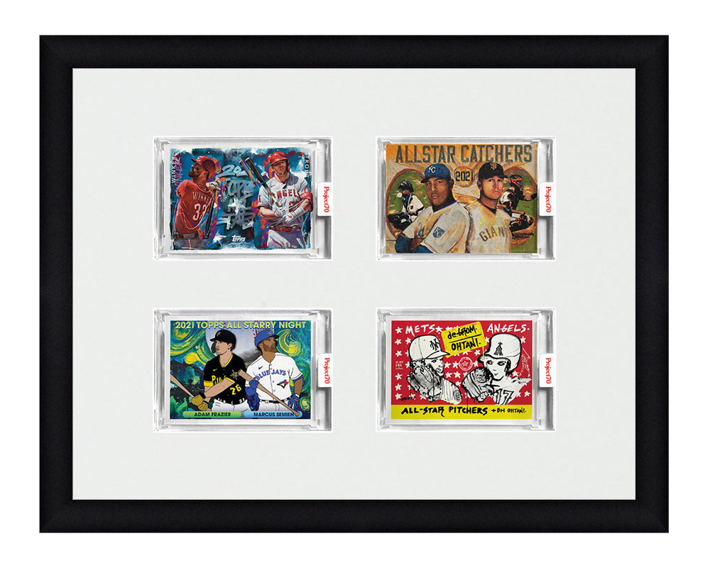 Framed Card Display for 4 horizontal Project 70, Project 2020, or Project 100 trading cards in a 2x2 layout with a white background and black frame
