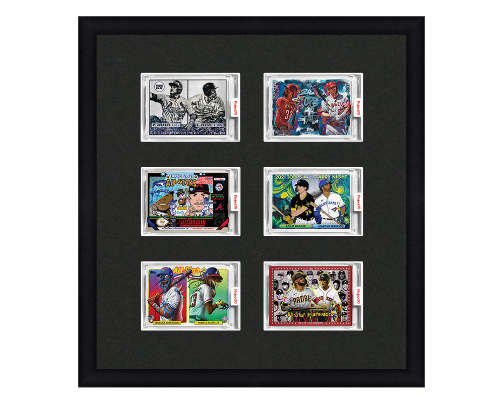 Framed Card Display for 6 horizontal Project 70, Project 2020, or Project 100 trading cards in a 3x2 layout with a black background and black frame