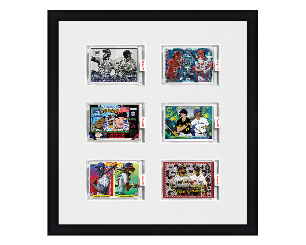 Framed Card Display for 6 horizontal Project 70, Project 2020, or Project 100 trading cards in a 3x2 layout with a white background and black frame