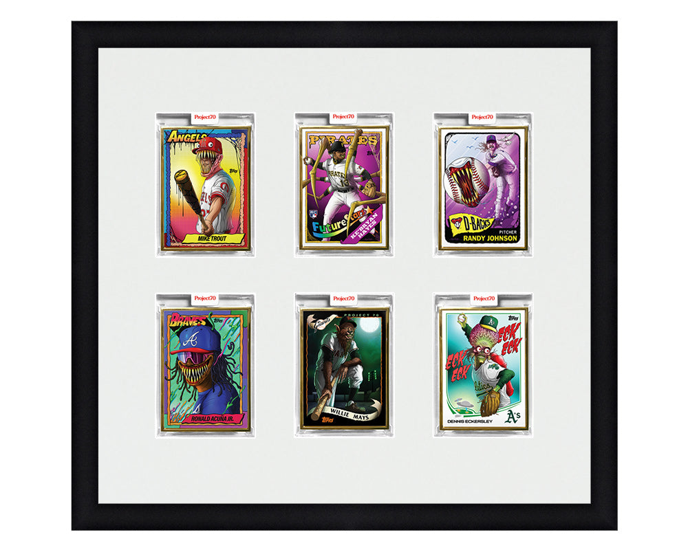 Framed Card Display for 6 Project 70, Project 2020, or Project 100 trading cards in a 2x3 layout with a white background and black frame