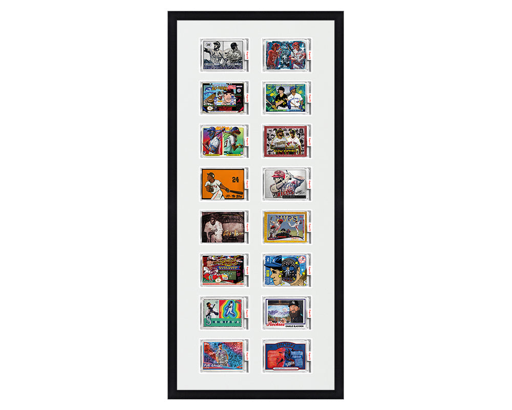 Framed Card Display for 16 horizontal Project 70, Project 2020, or Project 100 trading cards in an 8x2 layout with a white background and black frame
