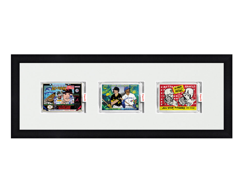 Framed Card Display for 3 horizontal Project 70, Project 2020, or Project 100 trading cards in a 3 wide layout with a white background and black frame