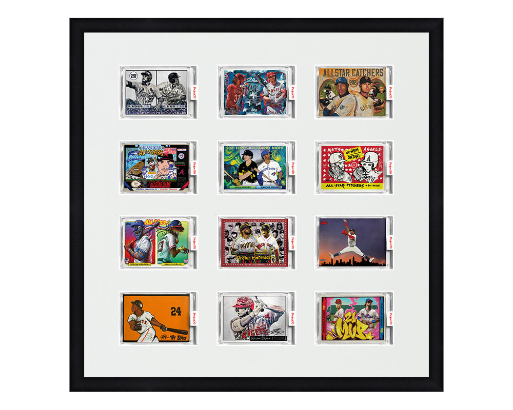Framed Card Display for 12 horizontal Project 70, Project 2020, or Project 100 trading cards in a 3x4 layout with a white background and black frame