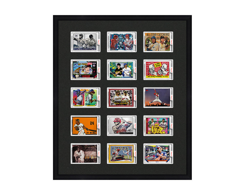 Framed Card Display for 15 horizontal Project 70, Project 2020, or Project 100 trading cards in a 5x3 layout with a black background and black frame