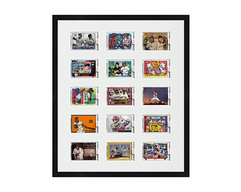 Framed Card Display for 15 horizontal Project 70, Project 2020, or Project 100 trading cards in a 5x3 layout with a white background and black frame